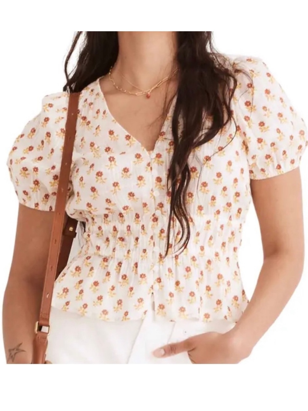 Madewell floral smocked Sophia blouse top wild Calendula white yellow red